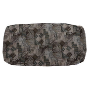 A multicolored cushion cover with a geometric pattern, predominantly in beige and gray tones.