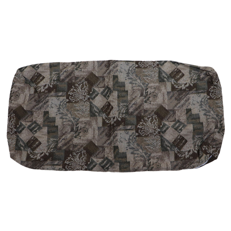 A multicolored cushion cover with a geometric pattern, predominantly in beige and gray tones.