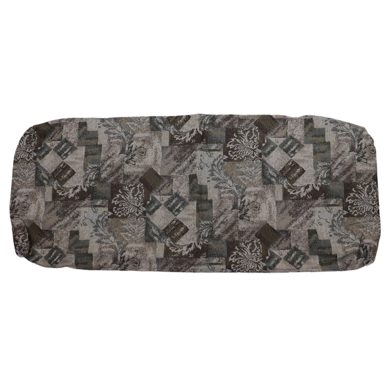 A cushion cover with a multicolored pattern featuring a combination of solid colors and geometric designs.