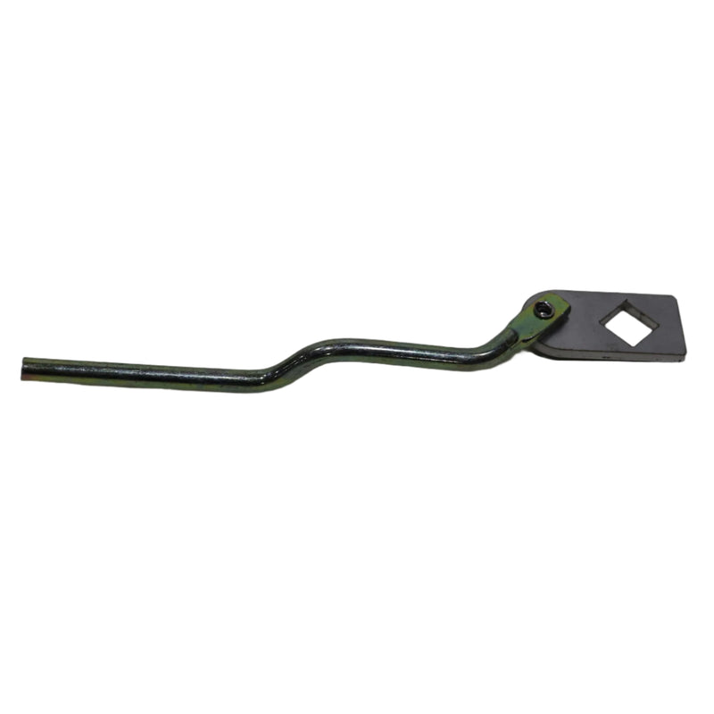 A black metal long latch lever arm for an access door lock.