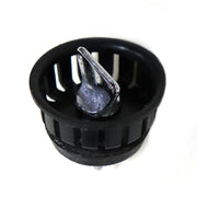 A black plastic sink strainer crumb basket.