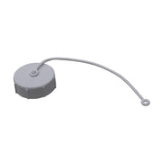 A white exterior drain cap with a flexible cable attached for pop up campers