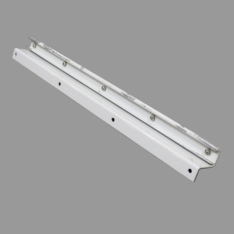 A white-colored metal bracket with multiple holes, intended for mounting countertops