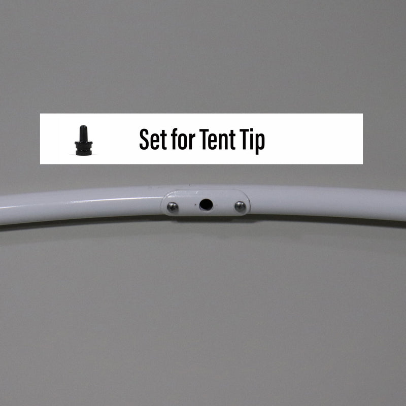 A white Click Lock bed bow, U-shaped pole used for bunk end canvas support, showing the support pole tip hole.