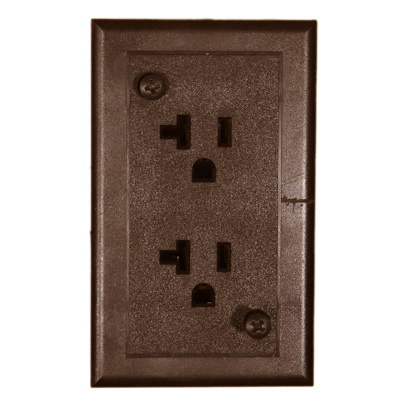 A dark brown electrical outlet receptacle designed for an air conditioner power cord with an offset plug spade.