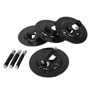 A set of black stabilizer pads designed for use with campers, along with mounting hardware rods.