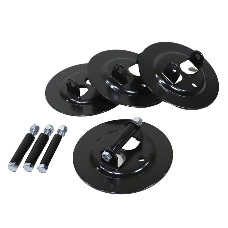 A set of black stabilizer pads designed for use with campers, along with mounting hardware rods.