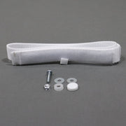 White nylon strap with hook and loop Velcro and installation hardware laid out on a grey surface.