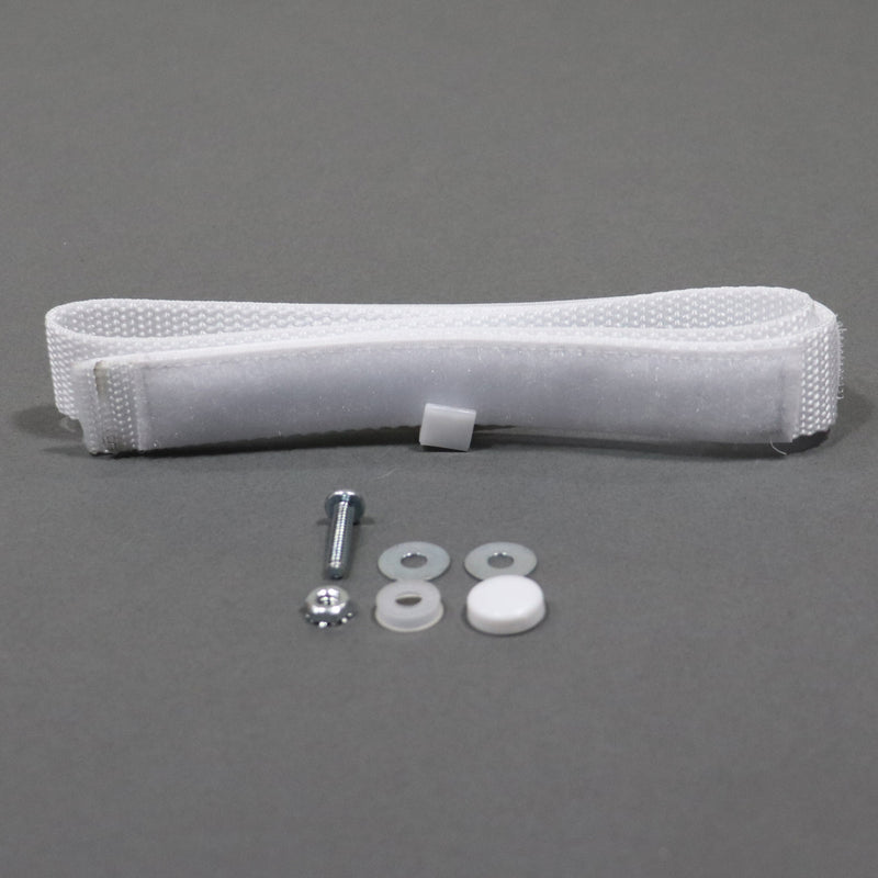 White nylon strap with hook and loop Velcro and installation hardware laid out on a grey surface.