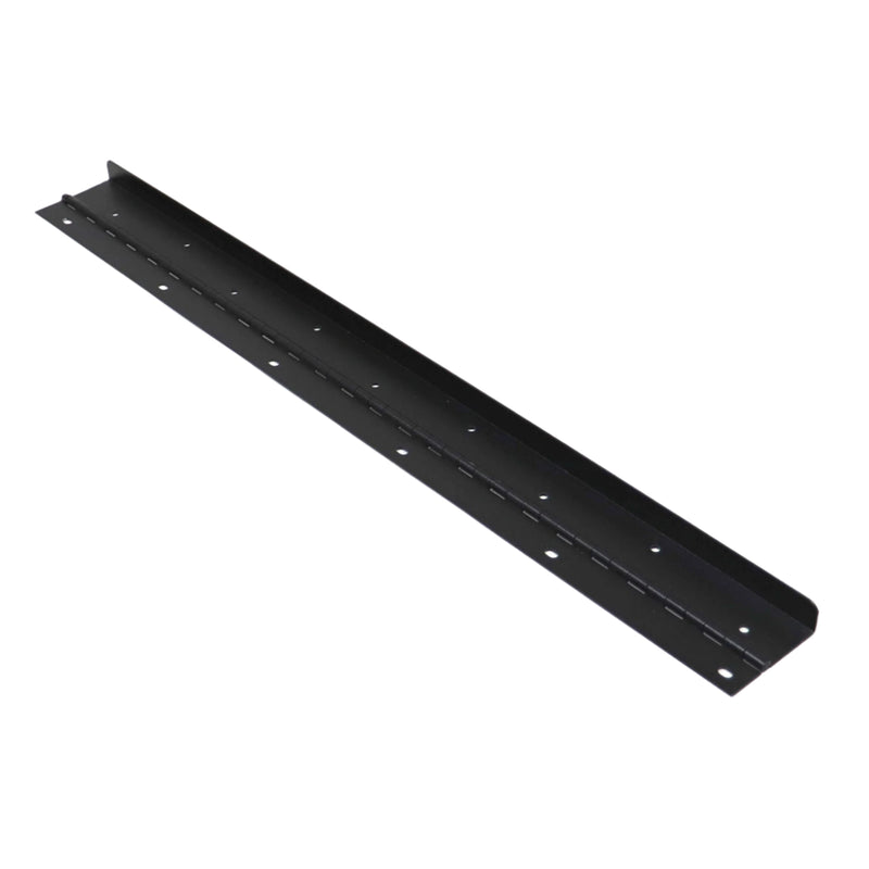 A black metal swing style door hinge.