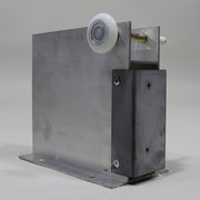 A silver-colored metal roller tower with a face plate, commonly found on RVs, with visible screws and fasteners.