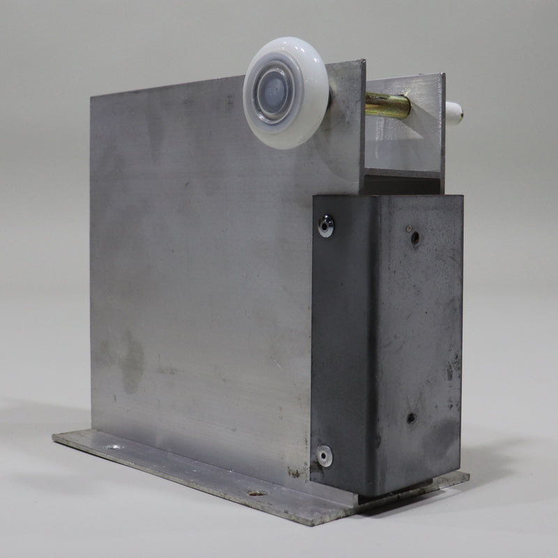 A silver-colored metal roller tower with a face plate, commonly found on RVs, with visible screws and fasteners.