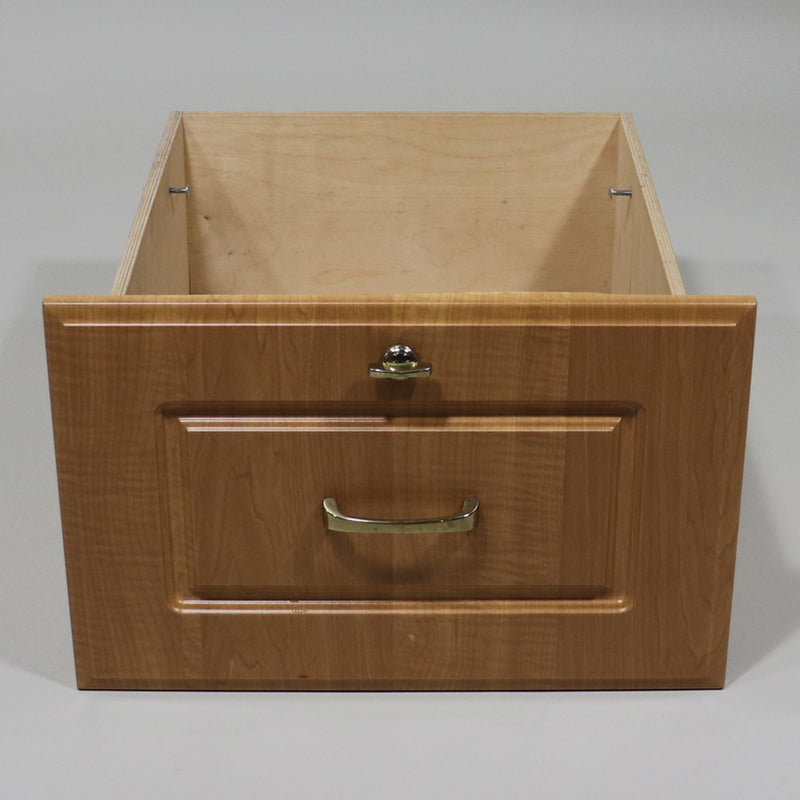 A beige wooden cabinet drawer with a frontal view showcasing the natural wood grain.