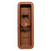 A brown wall-mounted fire extinguisher bracket, viewed from the front.