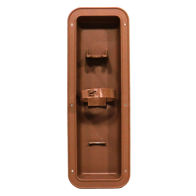 A brown wall-mounted fire extinguisher bracket, viewed from the front.