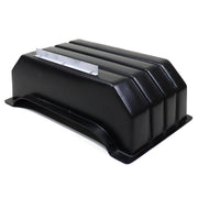 Black plastic wheel well guard, used for a vehicle.