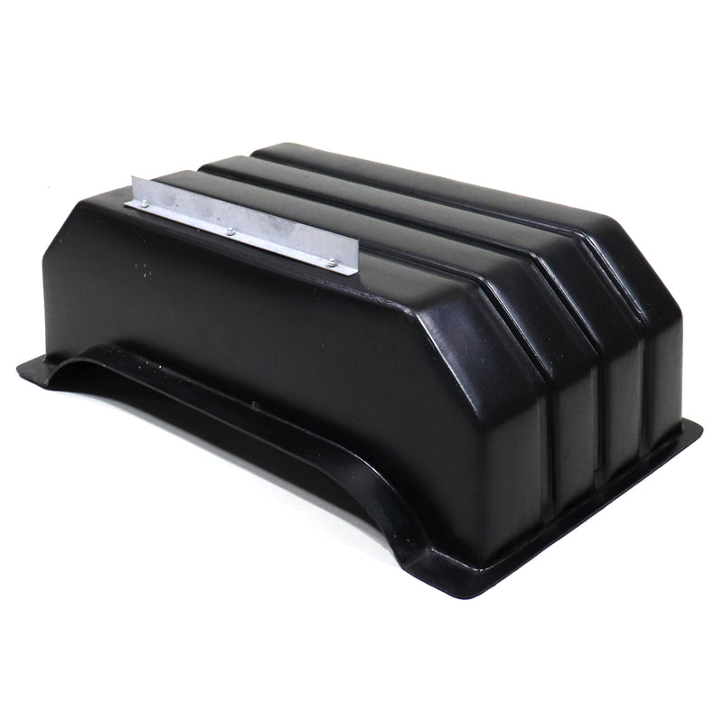 Black plastic wheel well guard, used for a vehicle.