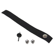 A black swing door check strap attached to a silver-colored camper door, securing the door in an open position.