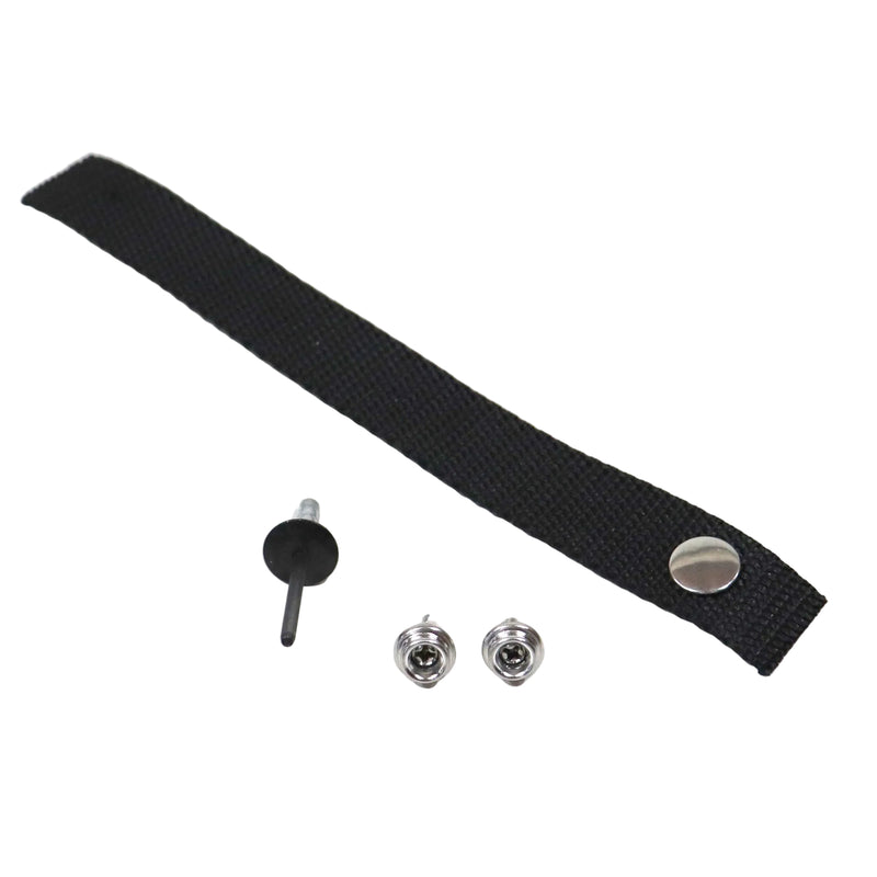 A black swing door check strap attached to a silver-colored camper door, securing the door in an open position.