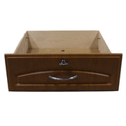 Brown wooden cabinet drawer with a handle and visible wood grain.