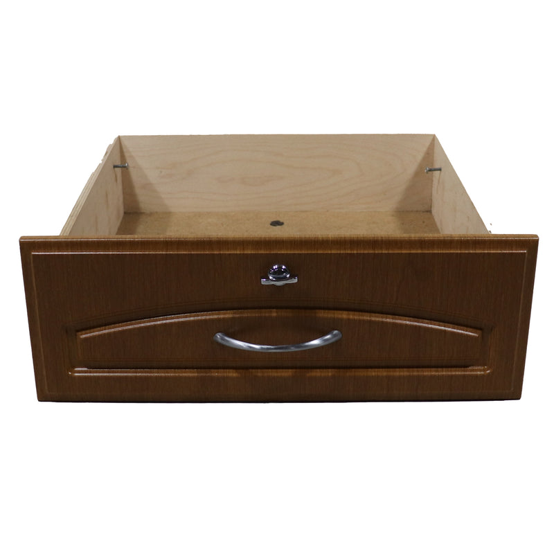 Brown wooden cabinet drawer with a handle and visible wood grain.