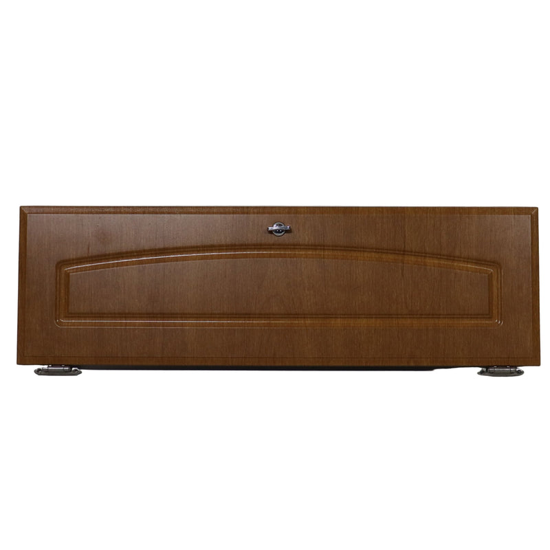 Cabinet door with a wood finish, and hinges with a latch.