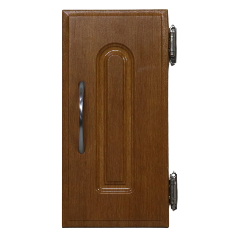 A brown wooden cabinet door with a metal handle and a visible grain pattern.