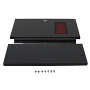 A black door kit for a pop-up camper, including an upper hinged door and a lower front faceplate with mounting screws.