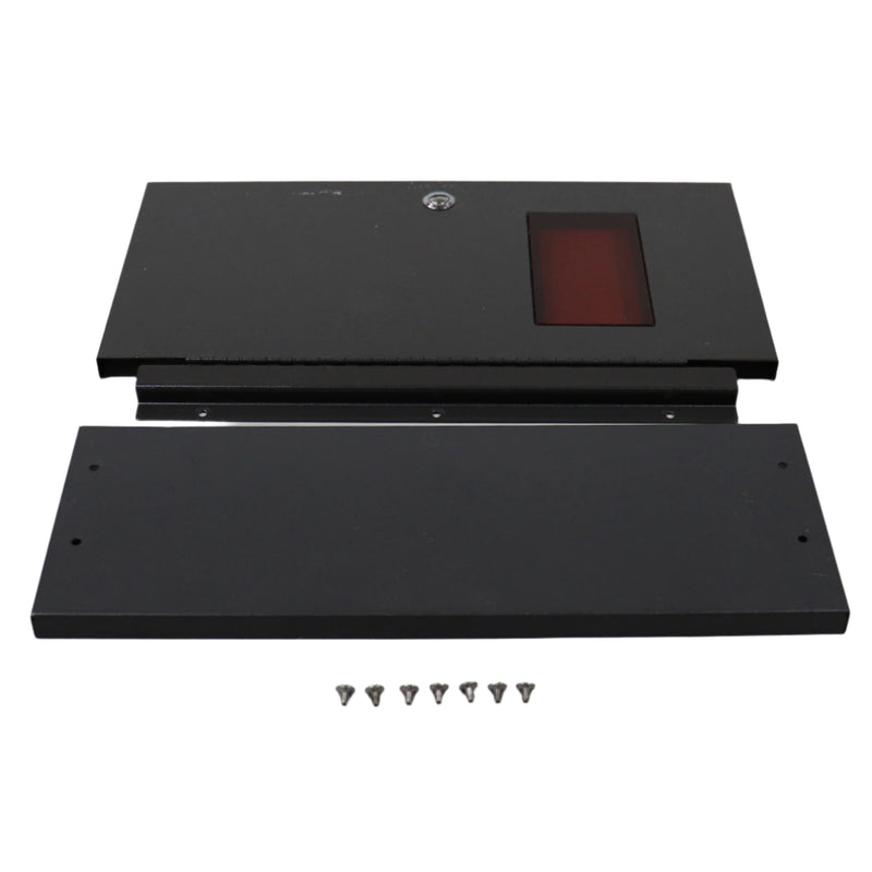 A black door kit for a pop-up camper, including an upper hinged door and a lower front faceplate with mounting screws.