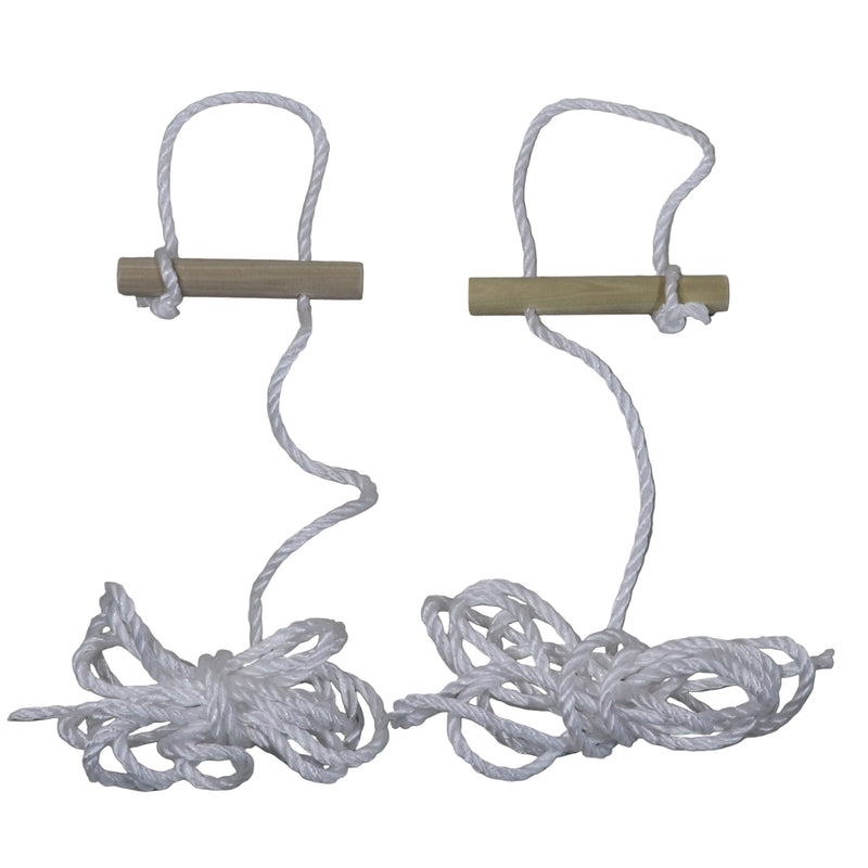 Two white awning adjuster kits with ropes and wooden handles, designed to provide ground support for awnings.