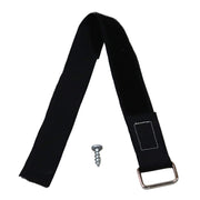 A black table leg strap kit with a metal buckle and a screw, for fastening the strap to a table leg.