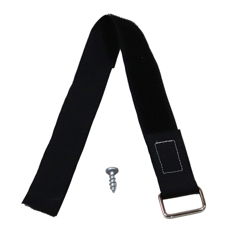 A black table leg strap kit with a metal buckle and a screw, for fastening the strap to a table leg.