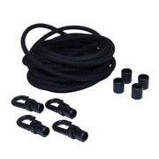 A set of black shock cord kit including multiple sections of cord and accompanying hooks, displayed on a white background.