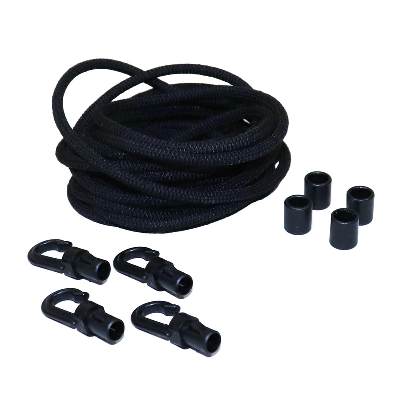 A set of black shock cord kit including multiple sections of cord and accompanying hooks, displayed on a white background.