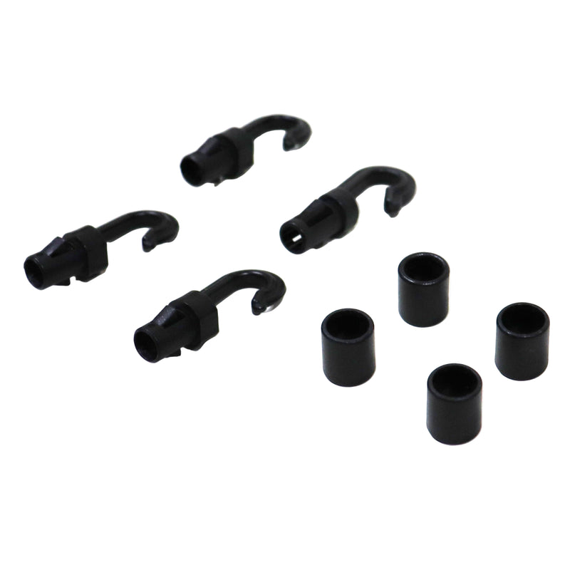 four pack of black plastic shock cord hooks and barrels