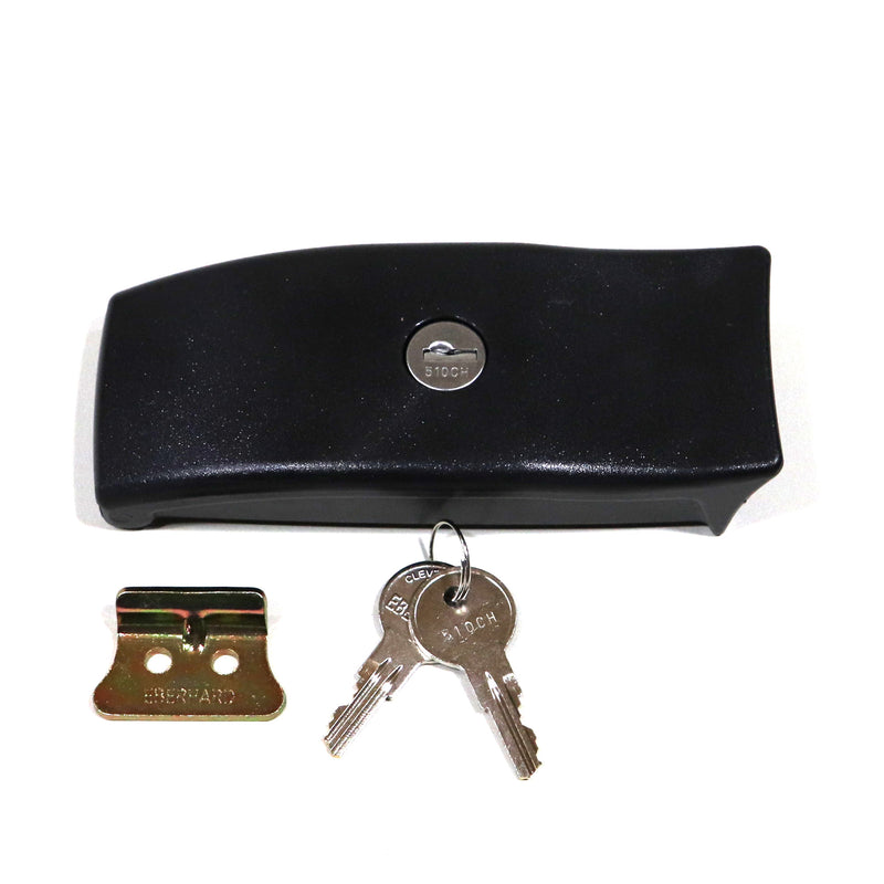 A black storage box latch with two keys inserted into a keyhole, against a white background.