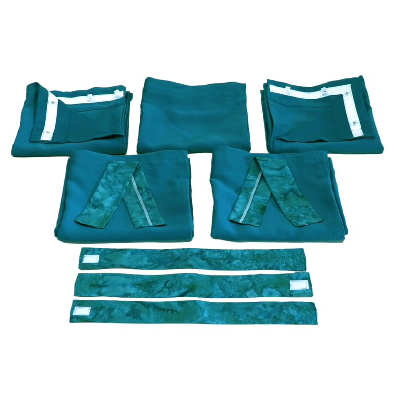 A set of teal curtains for a pop-up camper, including 5 panels and 5 ties.