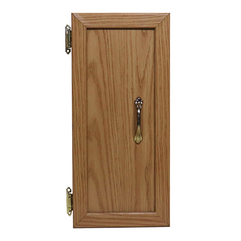 Cabinet door with a metal handle and a wooden frame.