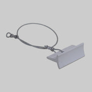 A white track guide for a screen door attached to a metal cable against a neutral background.