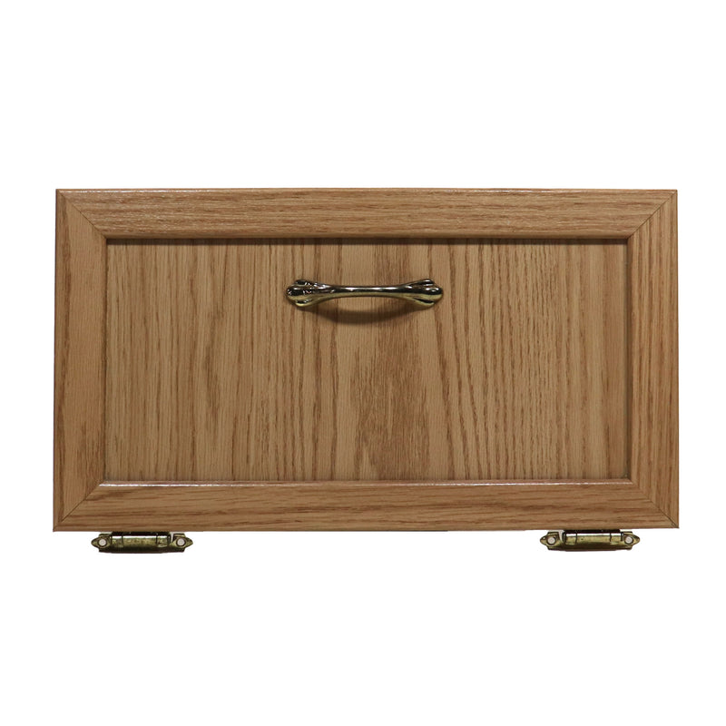 Cabinet door made of wood with a metal handle and hinges.