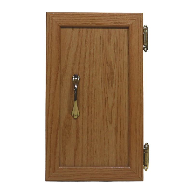 Cabinet door featuring a wooden finish, a metal handle, and a brass hinge.
