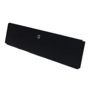 Black storage door with a visible keyhole, made of metal, with hinges not visible in the image.