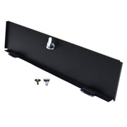 Black storage door with a visible keyhole, made of metal, shown from the back.