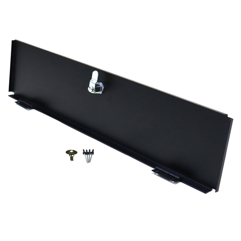 Black storage door with a visible keyhole, made of metal, shown from the back.