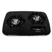 A black, two burner indoor low pressure stove.