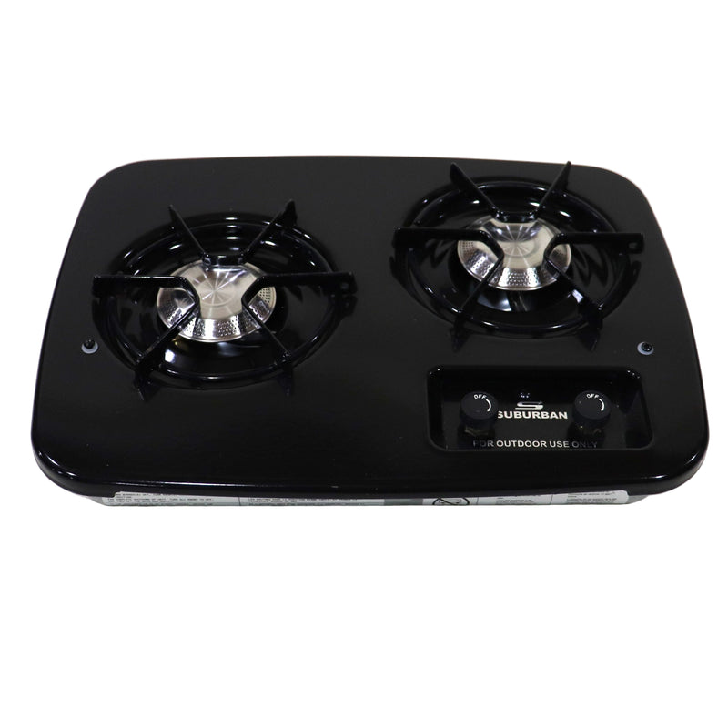 A black, two burner indoor low pressure stove.
