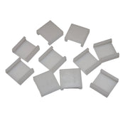 A set of 10 white plastic curtain clips laid out on a white surface.