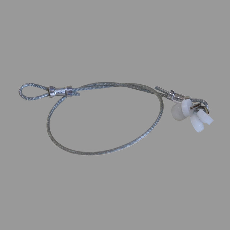 A set of white screen door track guides with a metal cable and silver-colored rollers.