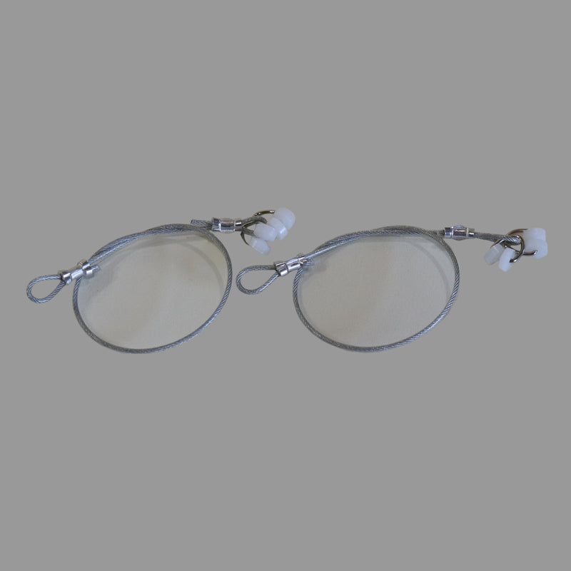 A set of white screen door track guides with a metal cable and silver-colored rollers.