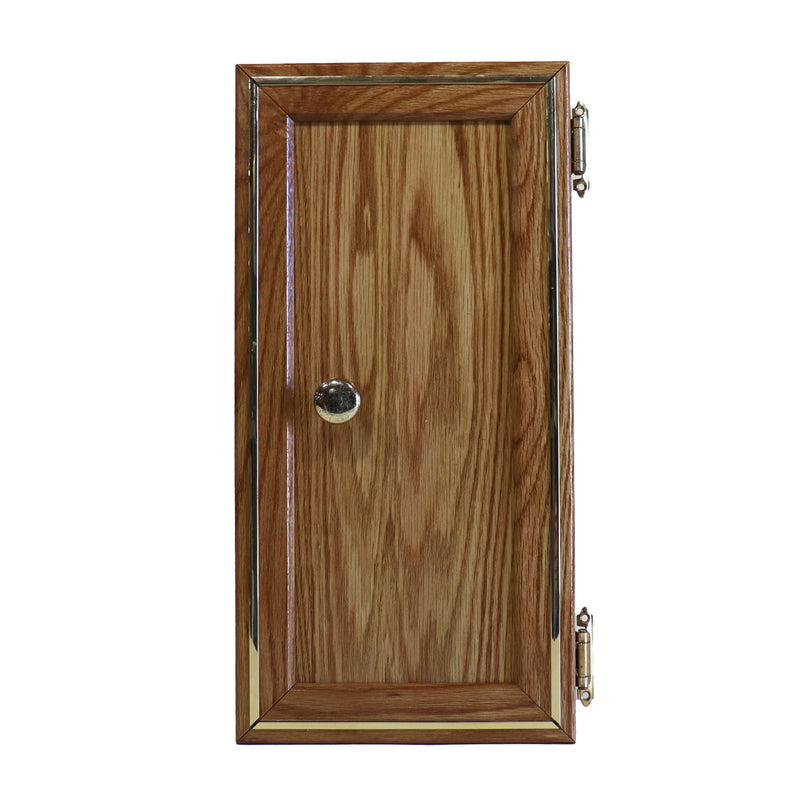 A wooden galley cabinet door with visible hinges and a knob, set against a white background.